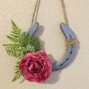 Silver Painted Vintage Horseshoe with Pink Rose